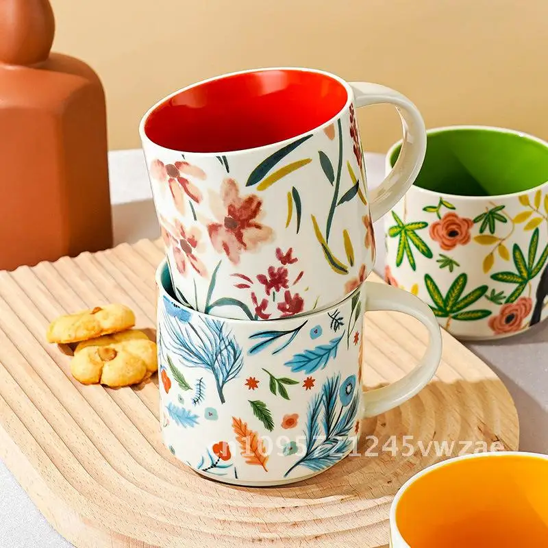 High Color Value Flower Color Glaze Ceramic Mug Mug Household Large Capacity Breakfast Cup