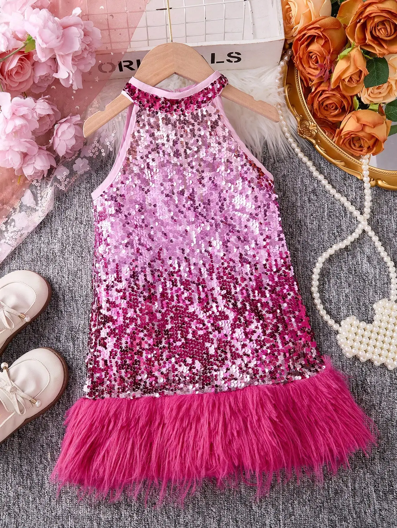 

Pink Sequin Halter Dress with Feather Trim for Girls Ages 4-13