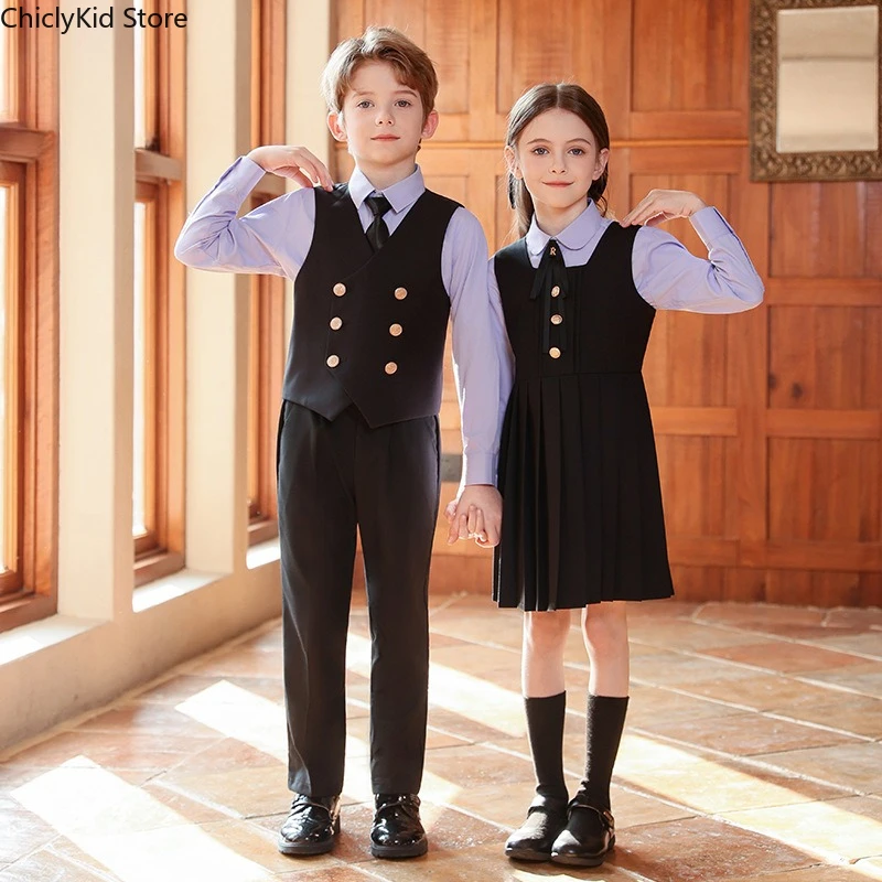 

Комплект школьной формы для мальчиков и девочек: однотонная рубашка, жилет, брюки, юбка, британский стиль, для учеников, нарядный костюм