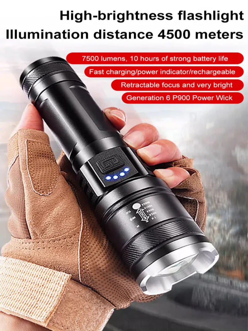 Led Flashlight Strong Light Emergency Flashlight Retractable Focus Super Bright Outdoor Flashlight Charging Household Flashlight