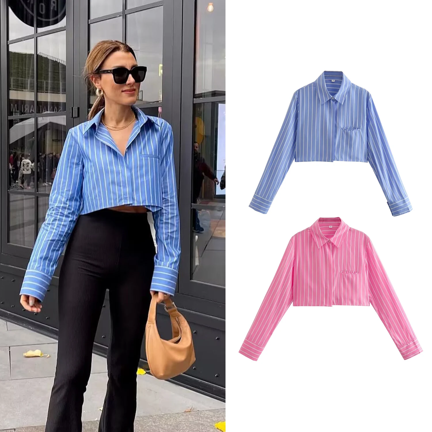 Damen Gestreifte Kurzarm-Shirts Frühling Streetwear Langarm-Shirts mit Vordertasche Tops Elegante Cropped Blusen