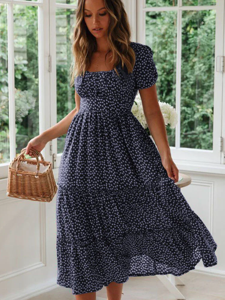 Sexy Square Collar Floral Print Midi Dress 2024 Women's Summer Puff Short  Sleeve Ruffles Casual Party Dresses For Women Robe - AliExpress 200000345