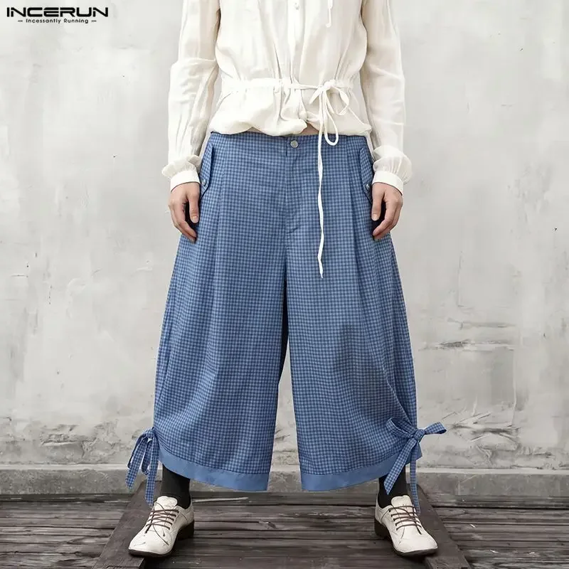 

INCERUN Men's Plaid Pants Button Oversize Lace Up Joggers Casual Trousers For Man Pantalones Streetwear Stylish Wide Leg Pants