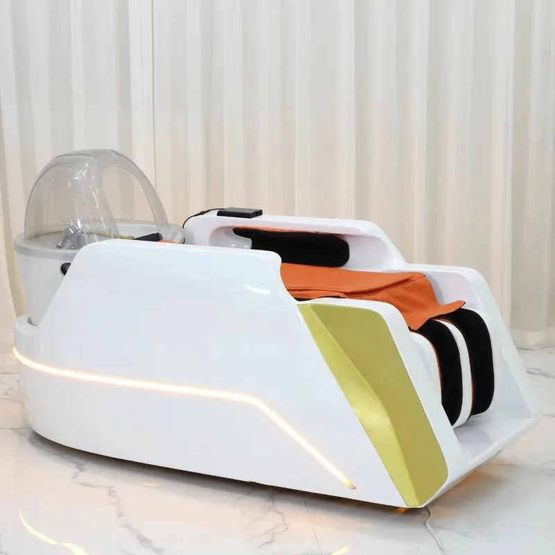 qk-Modern Luxury Barbershop Furniture Lay Down Massage Shampoo White Ceramic Basin Electric Head Spa Washing Bed with Airbag@