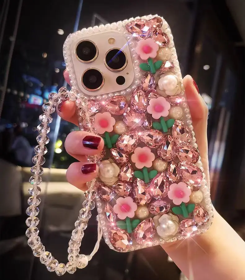 Luxury Cute Flower Diamond Strap Phone Case For iPhone 16 15 13 14 11 Pro Plus Samsung Galaxy S24 S22 S25 S23 FE Ultra Note 20