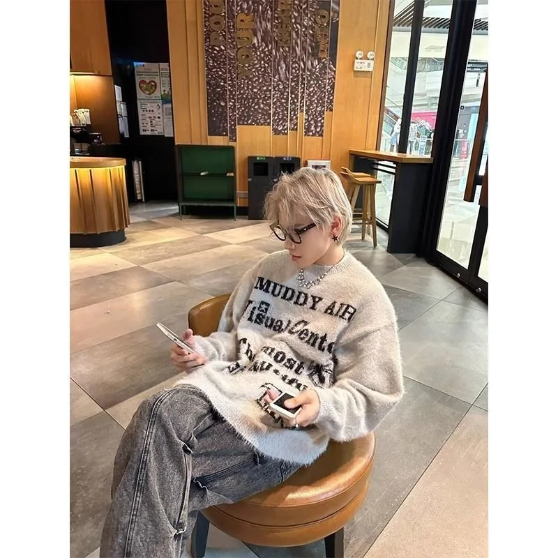 High Street sweater rajut pasangan, atasan sweater rajutan leher kru ukuran besar netral musim gugur dan musim dingin retro Amerika