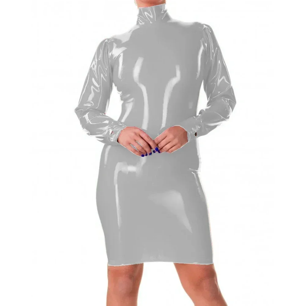 Vestido elegante de talla grande de manga larga con caderas, vestido Sexy de cuero de PVC brillante con cuello alto, vestido ajustado, ropa para desplazamientos diarios