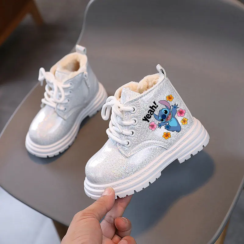 Boy Stitch Boots Winter Kids Plus Plush Snow Boots Girls Cartoon Print Warm Non-slip Flat Bottom Shoes Sneakers Size 21-30