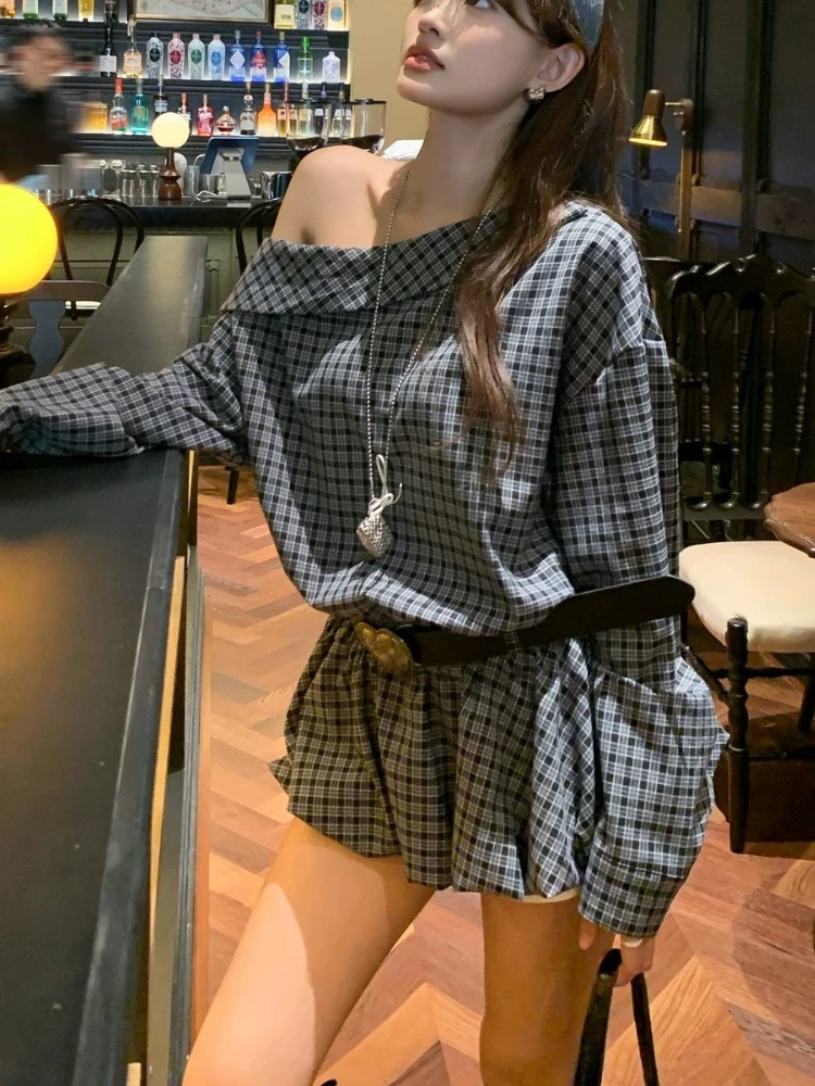 Sukienka w stylu vintage damska jesienna sukienka koszulowa w kratę z odkrytym ramieniem dopasowana w talii retro szykowna koreańska elegancka odzież uliczna