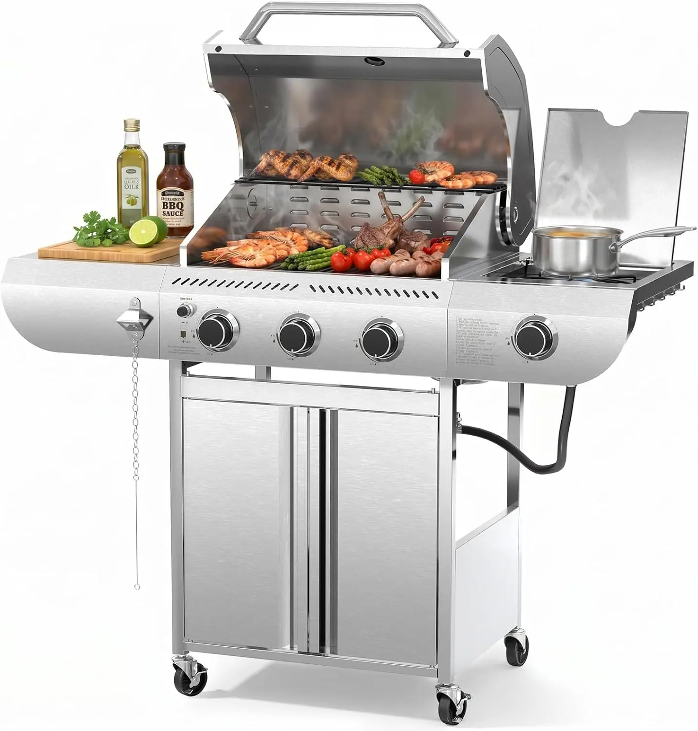 

Gas Grill with 4 Burners, 34000 BTU Stainless Steel BBQ Grill with Side Burner, Porcelain-Coated Cast Iron Grates, Pull-Out Grease Tray for Outdoor Backyard Cooking