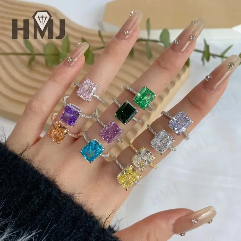 100% S925 Silver Rings Jewelry Women Diamond Moissanite 4 Carat Crushed Iced Out Cut Cubic Zirconia Wedding Engagement Ring