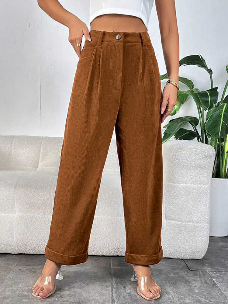 

BKLD Solid Color 2024 New Autumn Women Clothing High Waisted Trousers Pocket Corduroy Casual Temperament Straight Leg Pants