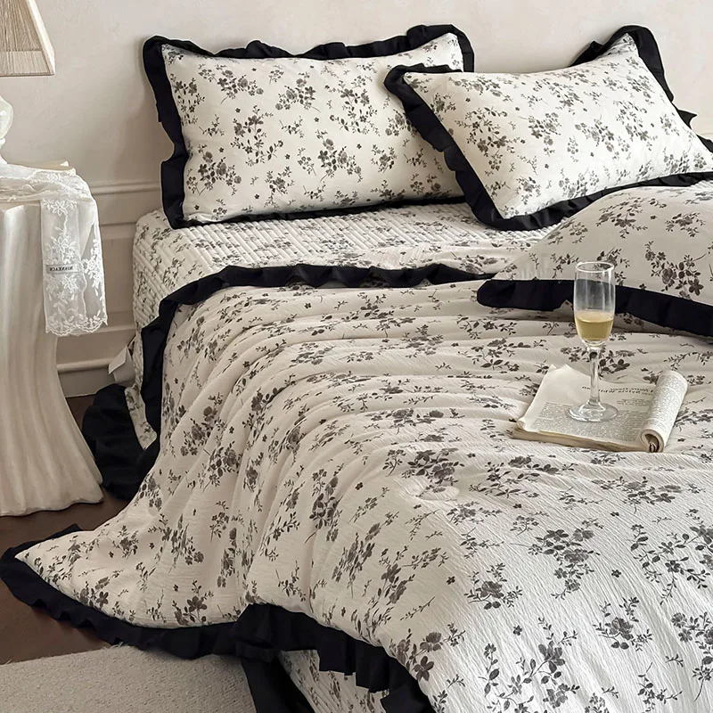 1Pc 200X230Cm Pure Cotton French Quilt High Quality Soft Printed Summer Quilts with Lace Lightweight Double Size Home Textile