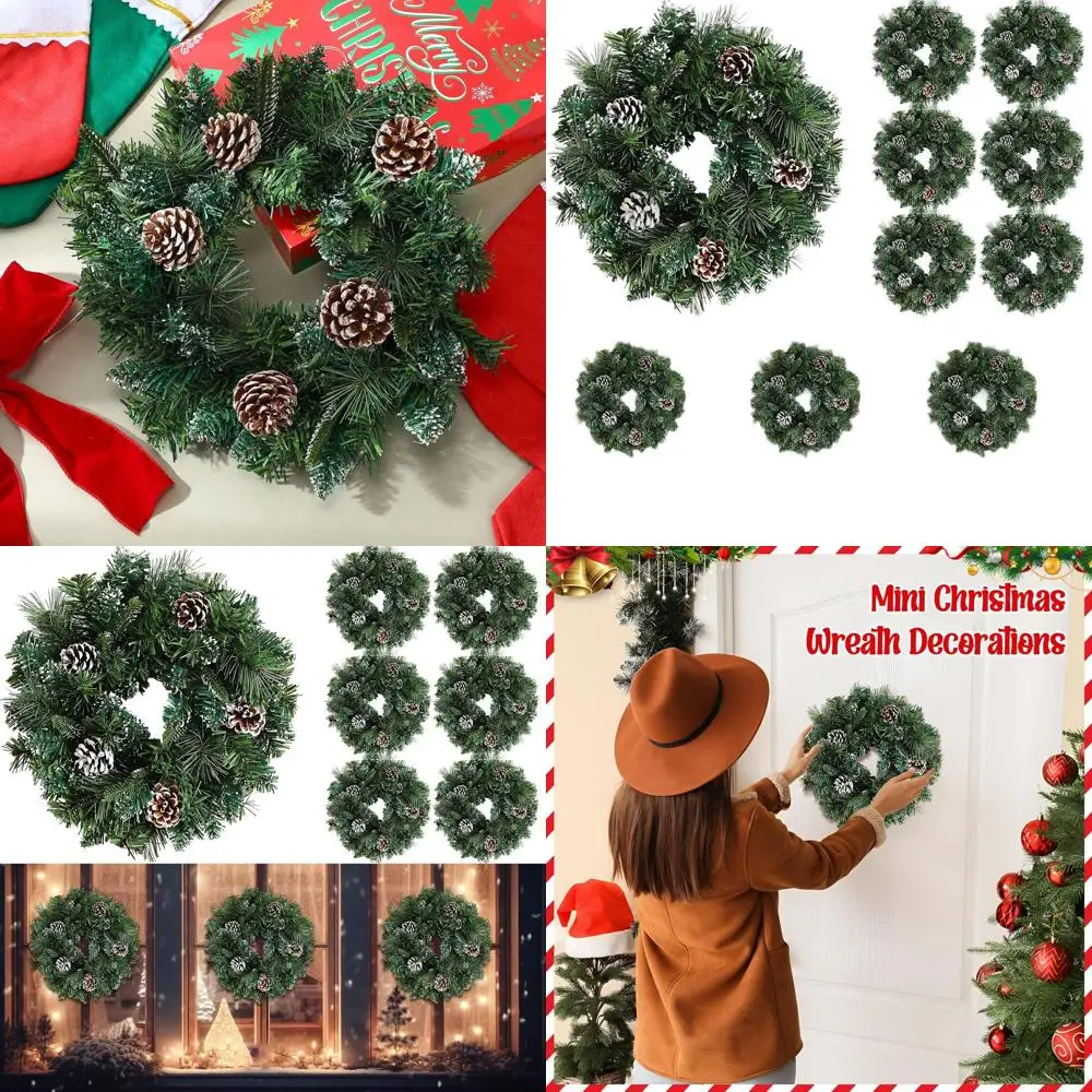 

12 Artificial Christmas Wreaths Set of 8 - Mini Pine Needle Garlands for Door, Window, and Wall Decor, Suitable for Indoor and O