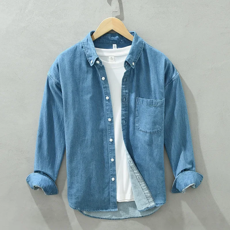 

Simple Long Sleeve Jean Shirt Male Spring Autumn Daily Causal Loose Shirts Lapel Collar 100% Cotton Washed Blue Denim Shirt Men