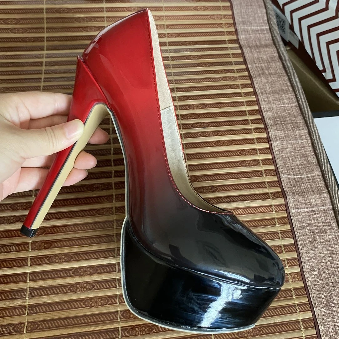 

Big Size New Patent Leather High Heels Classic Round Toe Stilettos Thick Platform Pumps Sexy Party Gradient Colors Shoes A0024