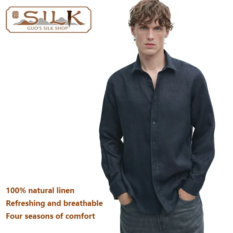 High-end Natural Pure Linen Men's Shirt - Simple Style Long-Sleeved Top Comfortable Casual Shirt Spring and Autumn
