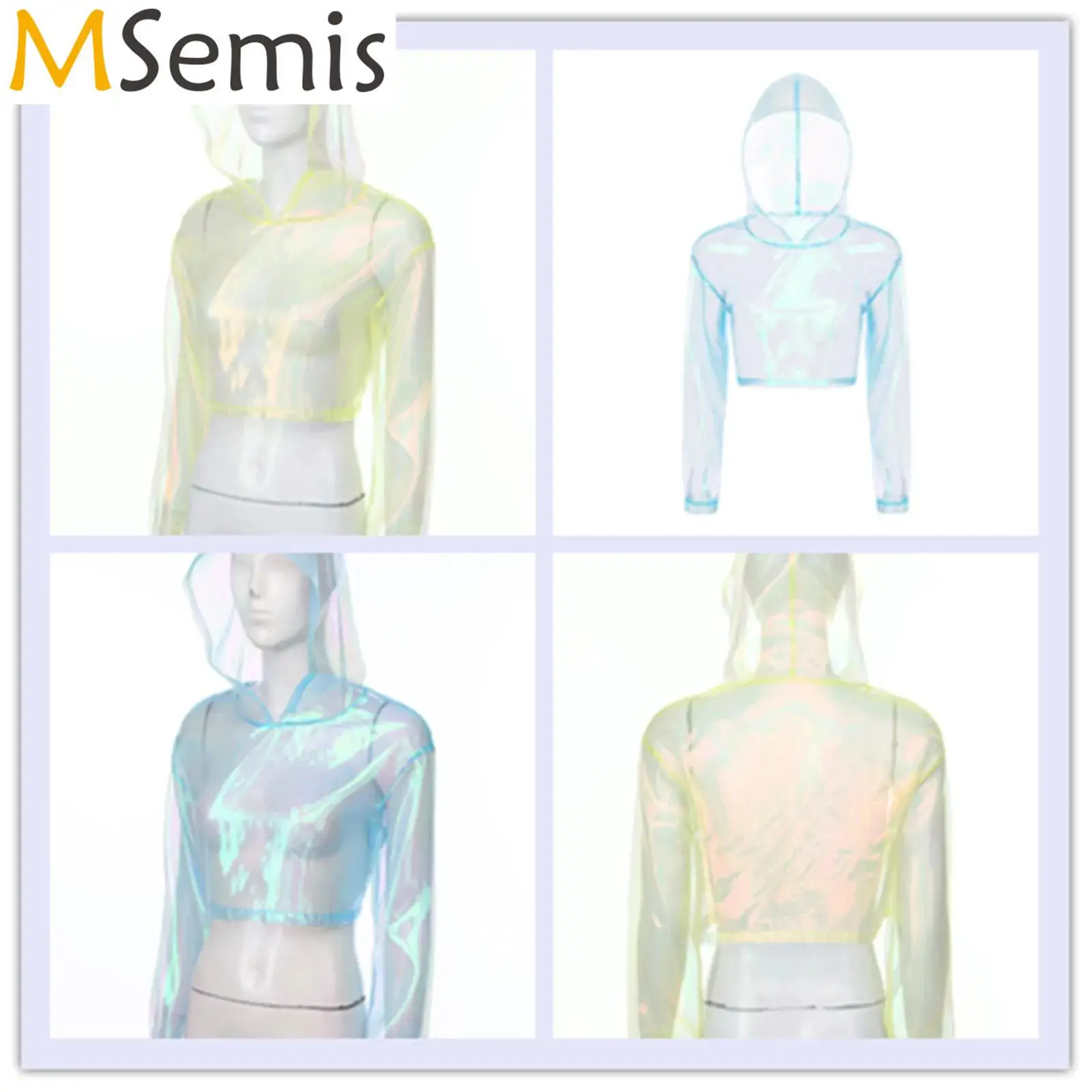 Womens Long Sleeve Transparent Sheer Hooded Tops Sparkly See Through Hooded Cropped Tops for Pole Dancing Rave Party Club Wear