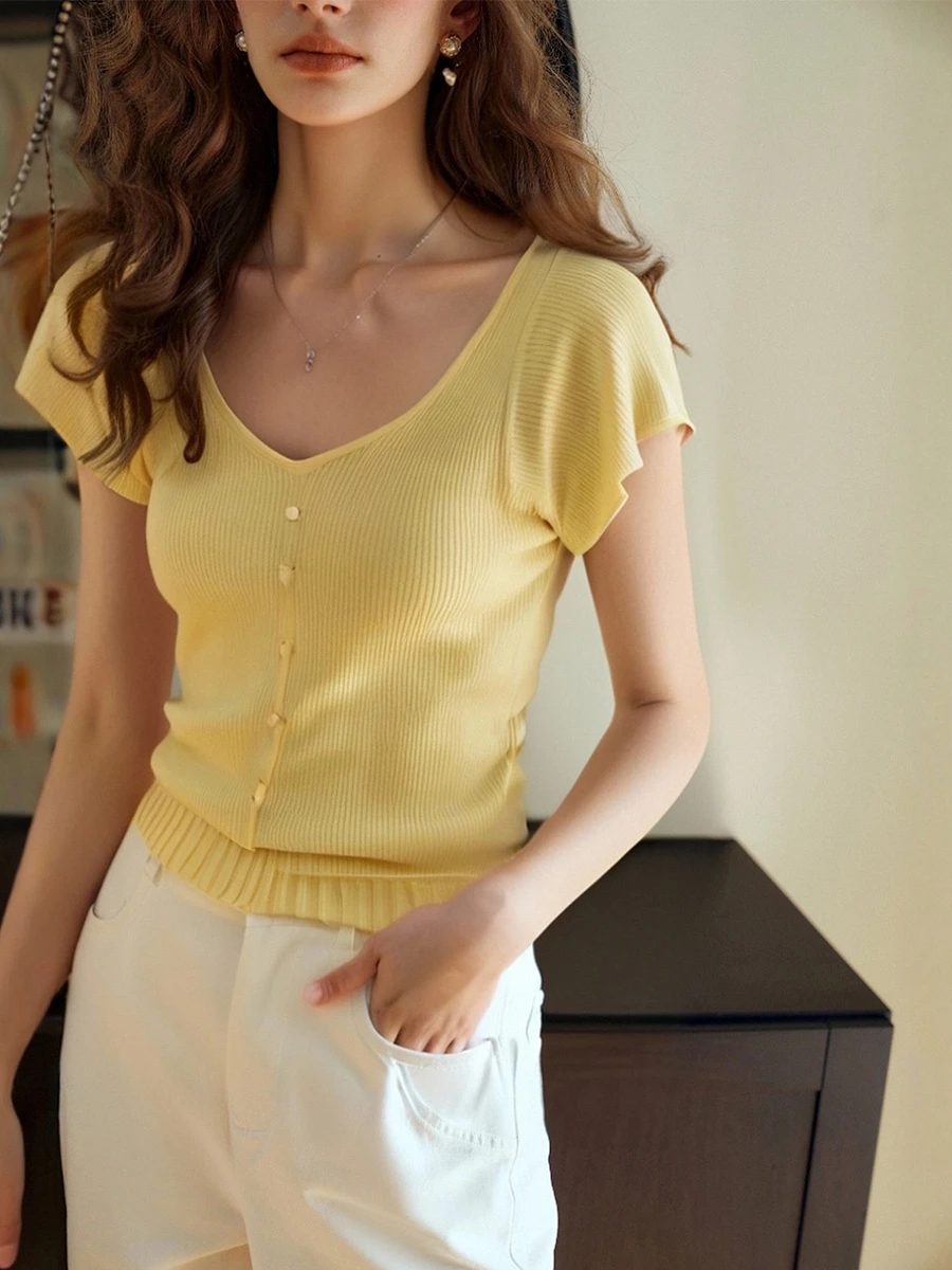OLrain-suéter de punto francés amarillo para mujer, jersey de manga corta, Tops de punto de verano, jerséis ajustados para mujer O57XZ99068