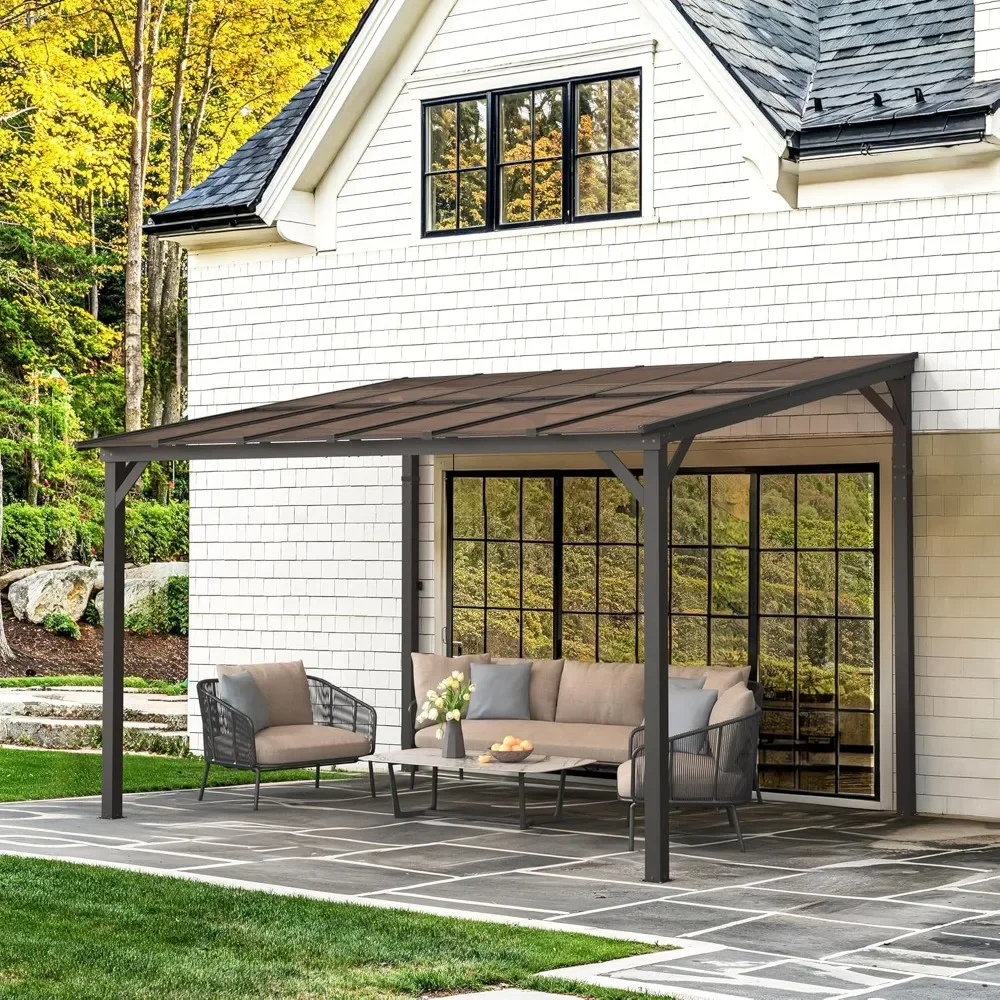 

12' X 10' Hardtop Gazebo, Lean to Pergola Gazebos with Metal Frame，Outdoor Wall Mount Gazebo for Deck, Backyard, Garden