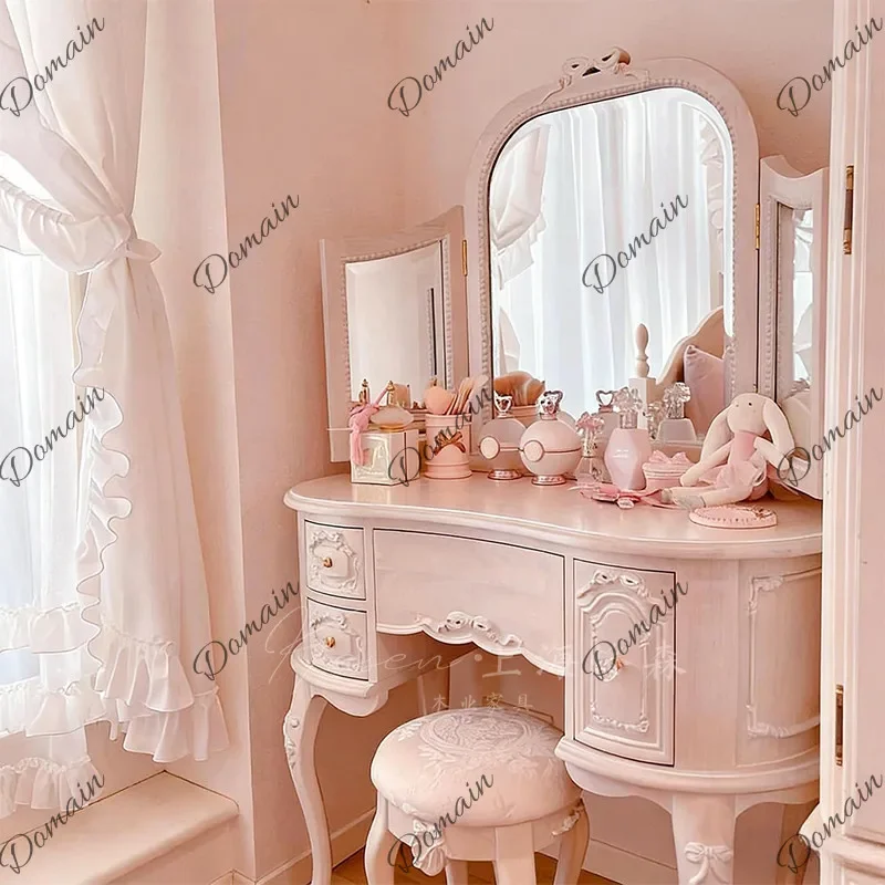 Jo Pink Vanity Table With Mirror For Girls Modern French Style Makeup Desk With Drawers Bedroom Princess Dressing Table