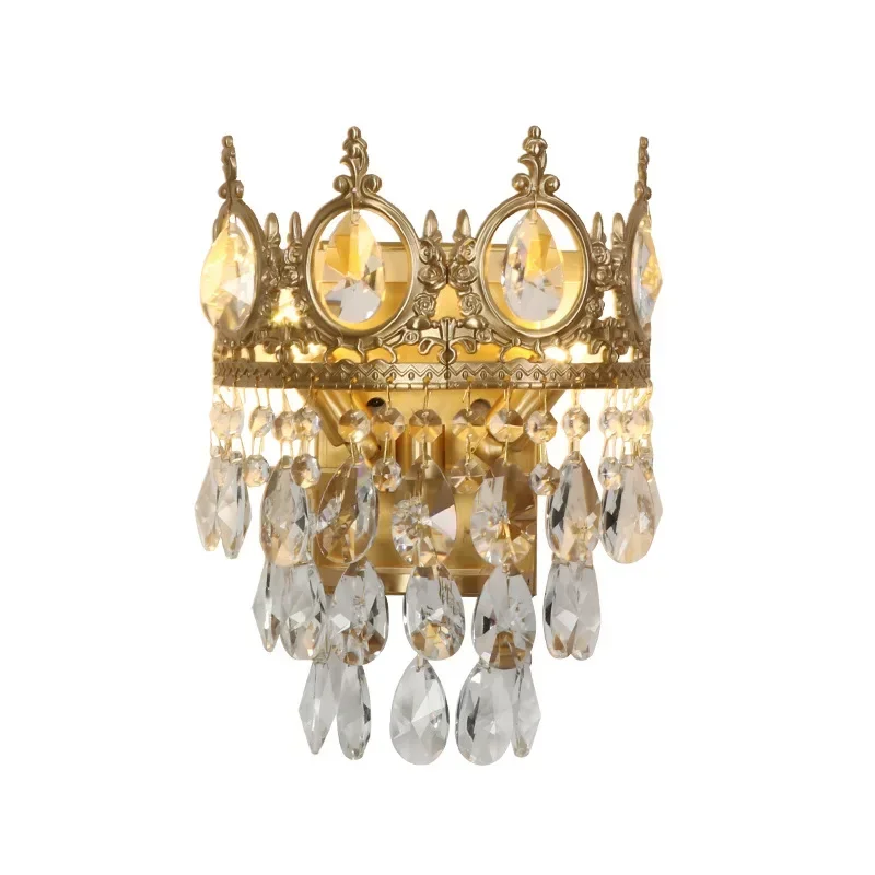 Bedside French crystal wall lamp American all-copper bed and breakfast villa retro living room aisle European brass wall lamp