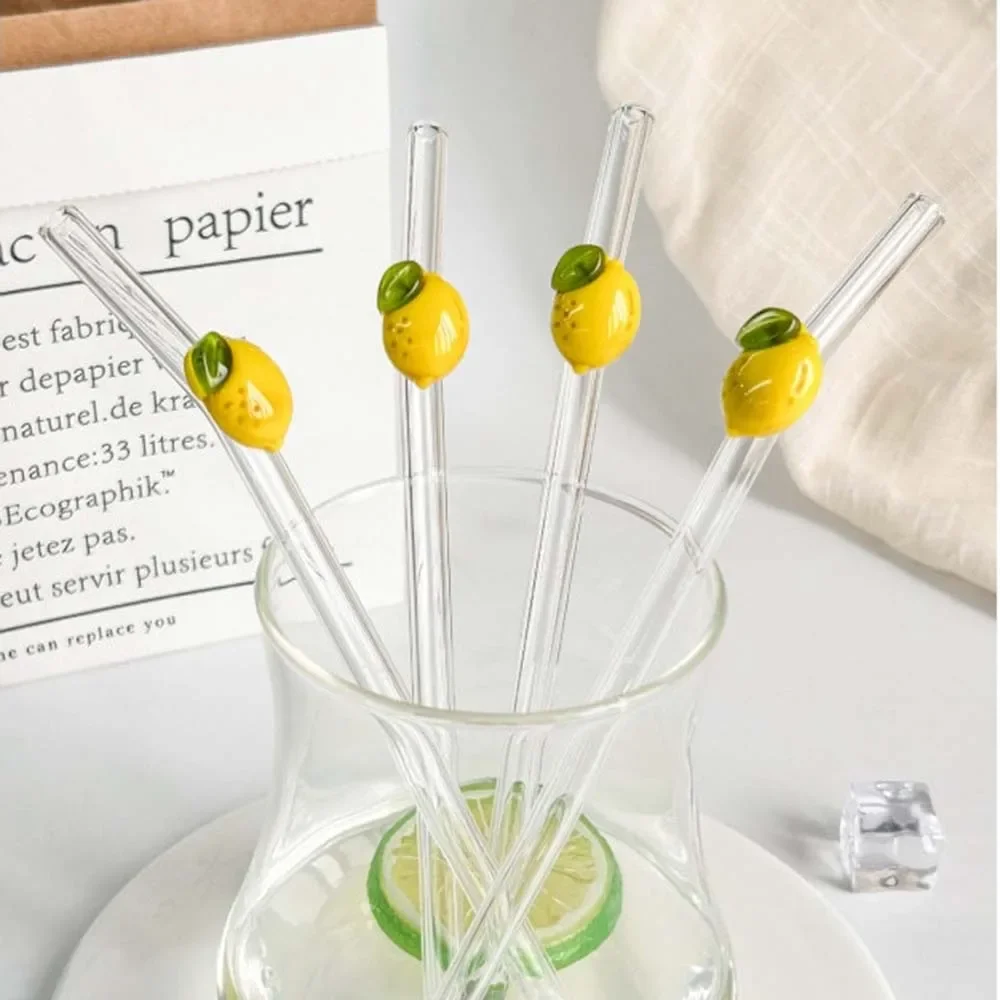 5Pcs Reusable Glass Straws Decorative with Lemon Shape Smoothie Cocktails Straw Kitchen Accessories Home Party Drinkware