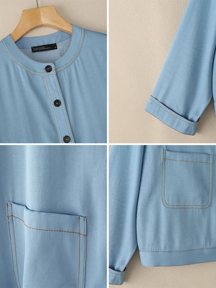 ZANZEA Kurtki damskie w stylu denim z kontrastowymi szwami, jesienne, lekkie, z długim rękawem, dekolt okrągły, zapinane na guziki, odzież wierzchnia, rozmiary S-3XL