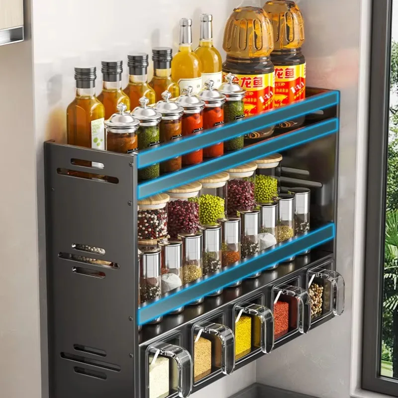 

Wall-Mounted Spice Rack, Oil Salt Vinegar Bottle Holder, No-Drill Removable Organizer Shelf, Multi-Function Storage Box