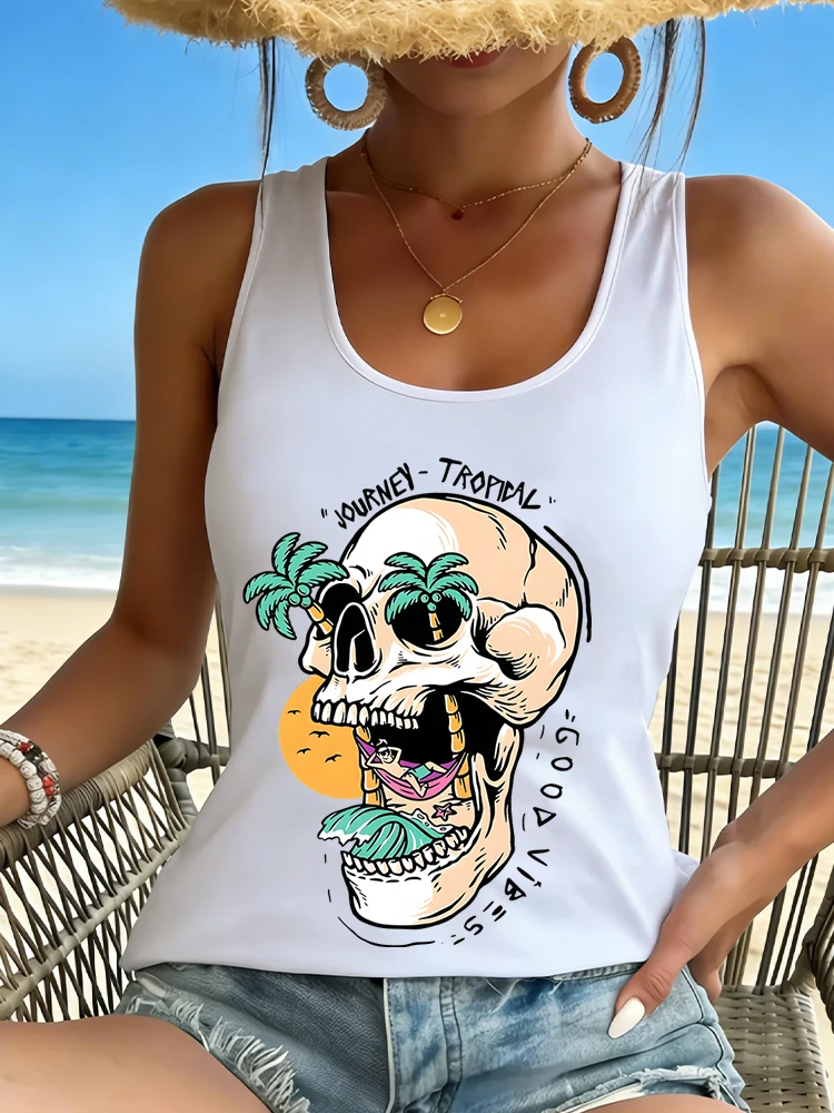 

Journey Tropical Good Vibes Vintage Skeleton Casual Tank Top Summer Women Racerback Sleeveless Tshirts Fashion Ocean Beach Vest