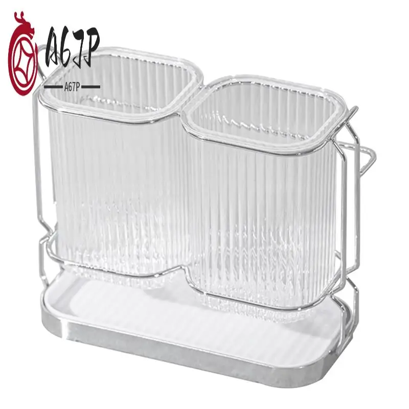 

A67P-Toothbrush Holders For Bathrooms, 2 Cups Toothbrush Holder Wall Mounted, Dry & Wet Separation, Plastic Removable