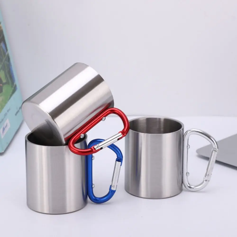 Stainless Steel Outdoor Camping Cup 220ml Thickened Durable Sports Cup Portable with Carabiner Handle Tea Cup Office