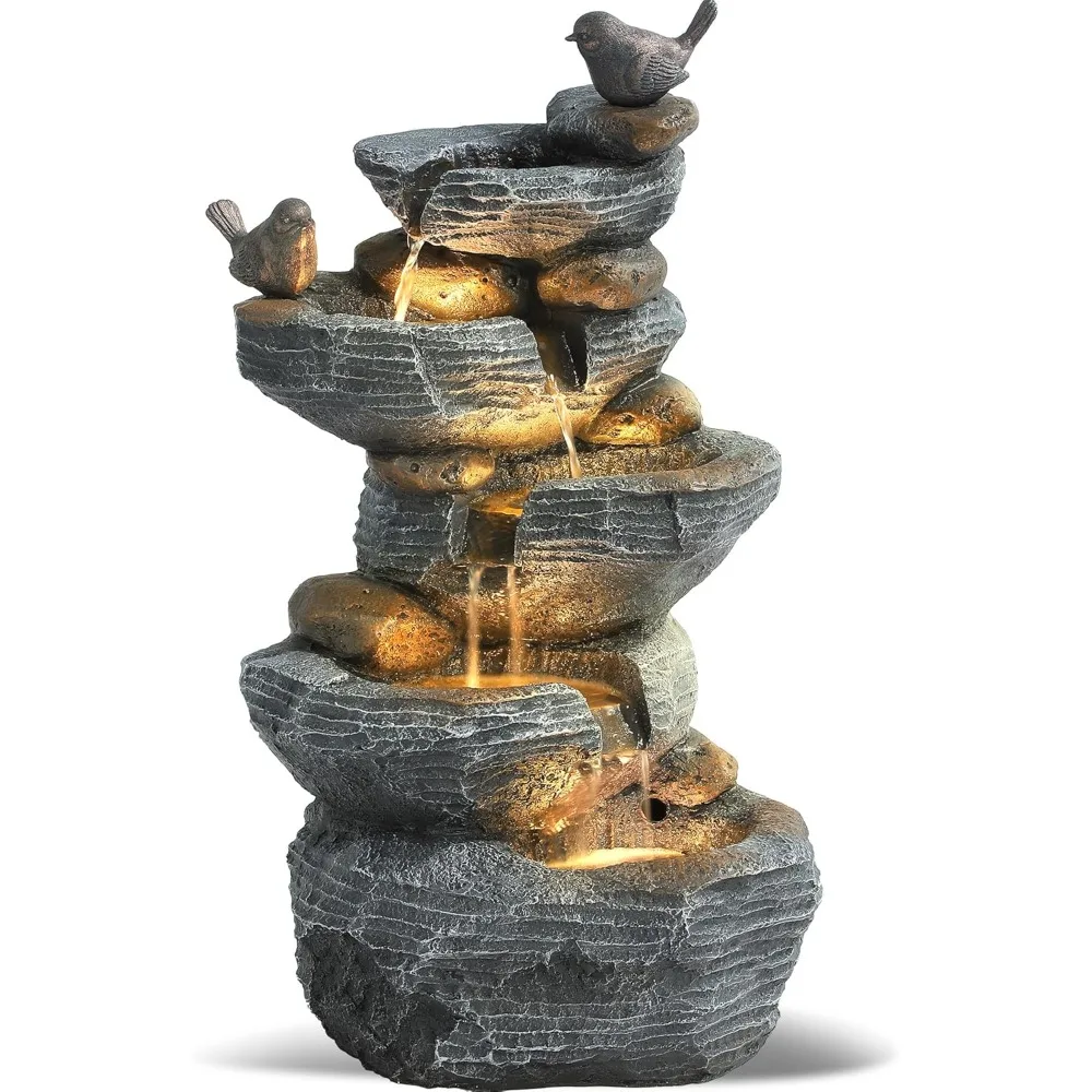 

Outdoor 5-Tiers Cascading Rock Water Fountain, Waterfall Fountain with 4 LED Lights, Outdoor Fountains and Waterfalls for Garden