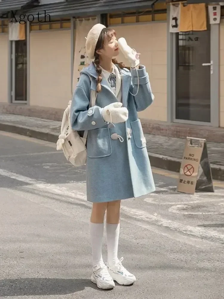 Herfst Winter Wollen Trenchcoat Koreaanse Preppy Oversize Cowl Gesp Lange Tweed Jas Jassen Vrouwen Kawaii Capuchon Wollen Uitloper