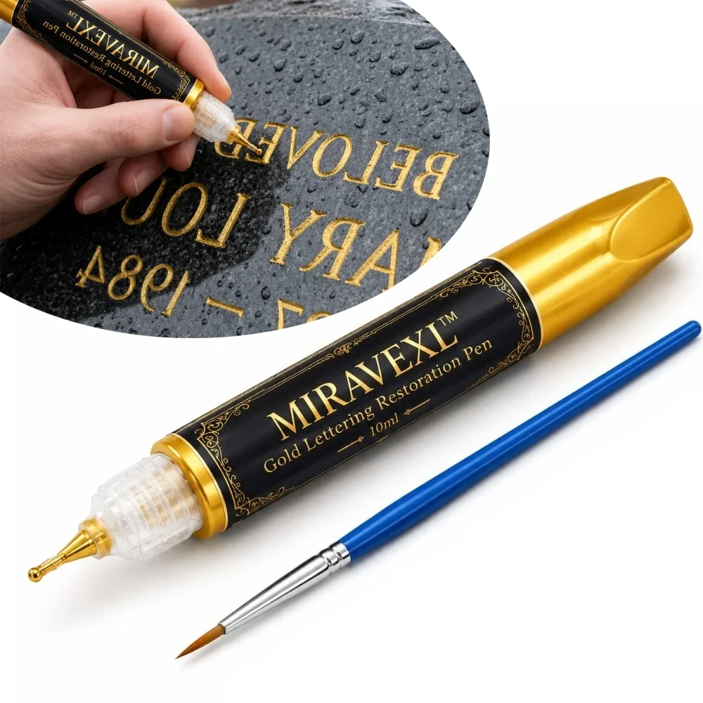 Gold Headstone Lettering Pen 10ml with Detail Brush, Waterproof Grave Marker Paint Pen for Faded Tombstone Inscriptions