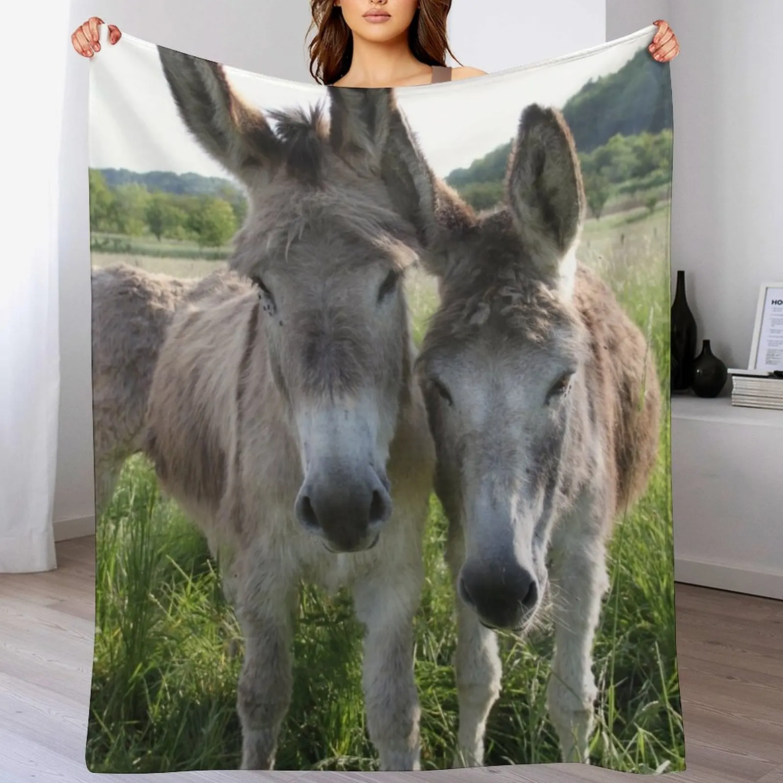 Adorable grey donkeys in the high grass meadow Throw Blanket