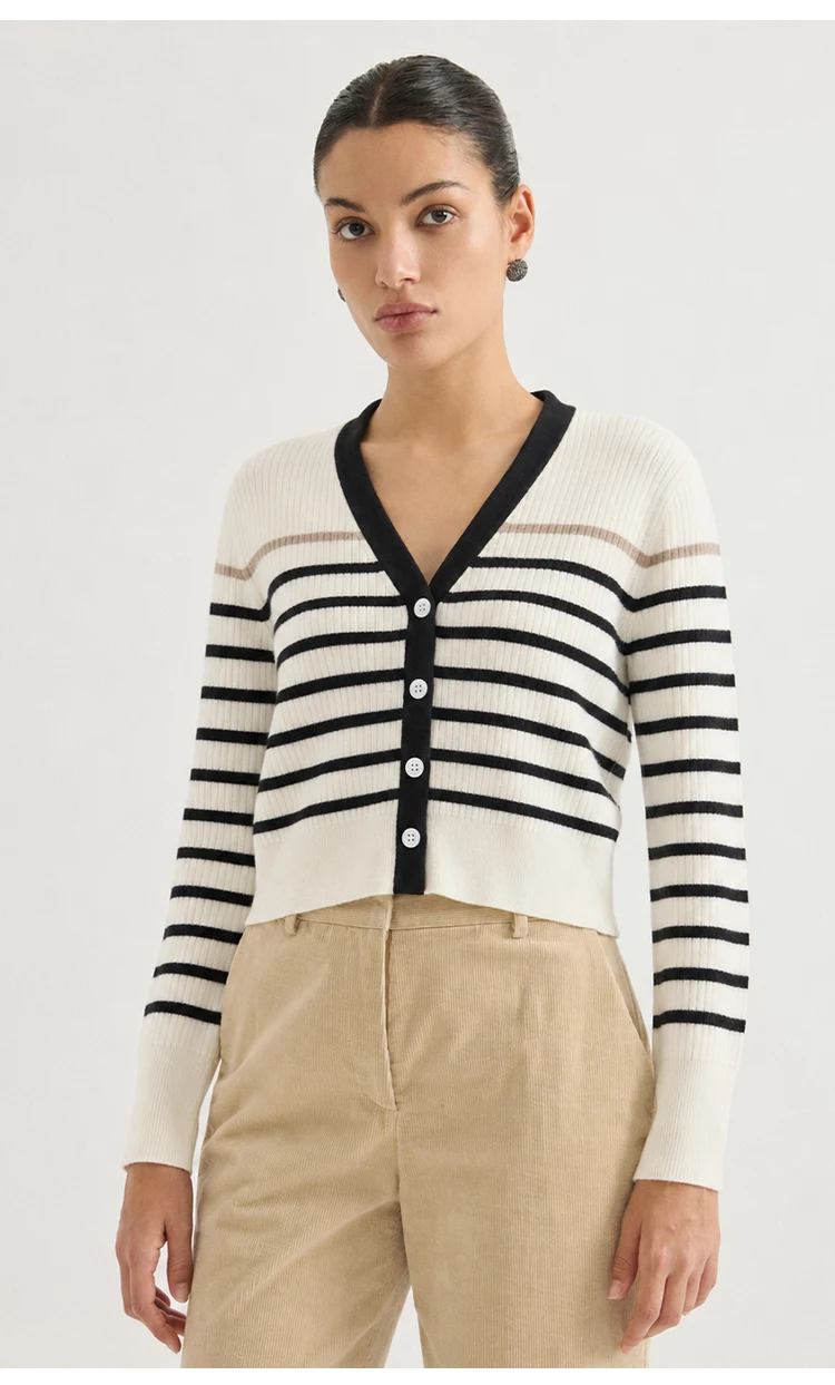 MZ62028 Damen Vintage Gestreifter V-Ausschnitt Gerippter Strick Langarm-Cardigan mit Kontrastbesatz Knopfleiste Modal-Mischung Frühherbst-Pullover – Detail 8