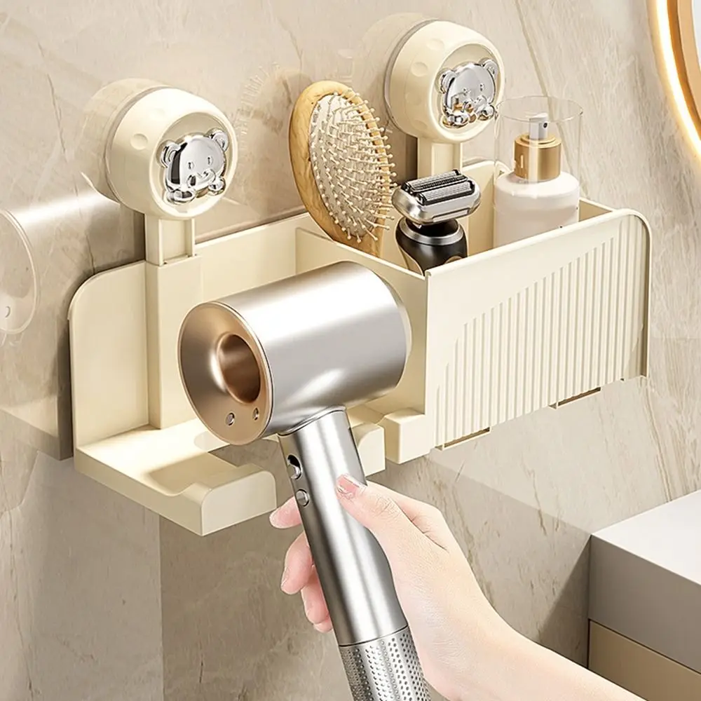 

Plastic Suction Cup Hair Dryer Holder Wall Mounted Space Saving Hair Dryer Bracket Punch-free with Storage Box