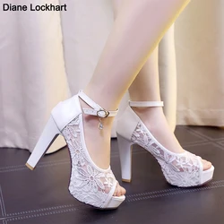 Zapatos de boda de encaje para mujer, tacones altos con punta abierta, tacones de plataforma, zapatos de tacón de verano para mujer, Sandalias de tacón alto, tacones para mujer