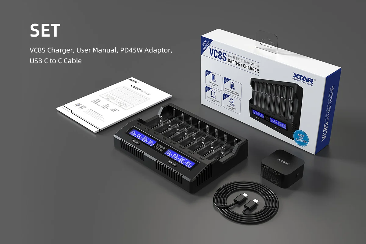 XTAR VC8S Charger New Released Charger 8-slot Charger Smart Versatile Li-ion&Ni-MH Battery Charger With Type-C Input&HD LCD