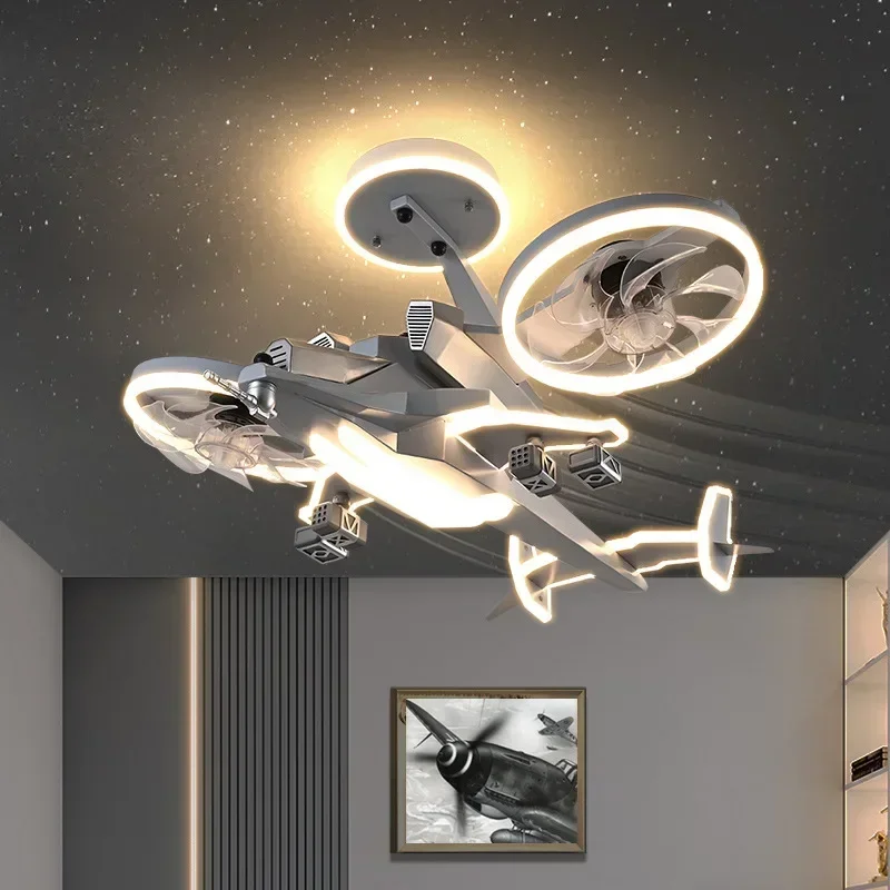 SANDYHA LED Ceiling Fan Light for Kids Room Creative Aircraft Model Remote Control Lighting Fighter Bedroom Decorative Ceiling