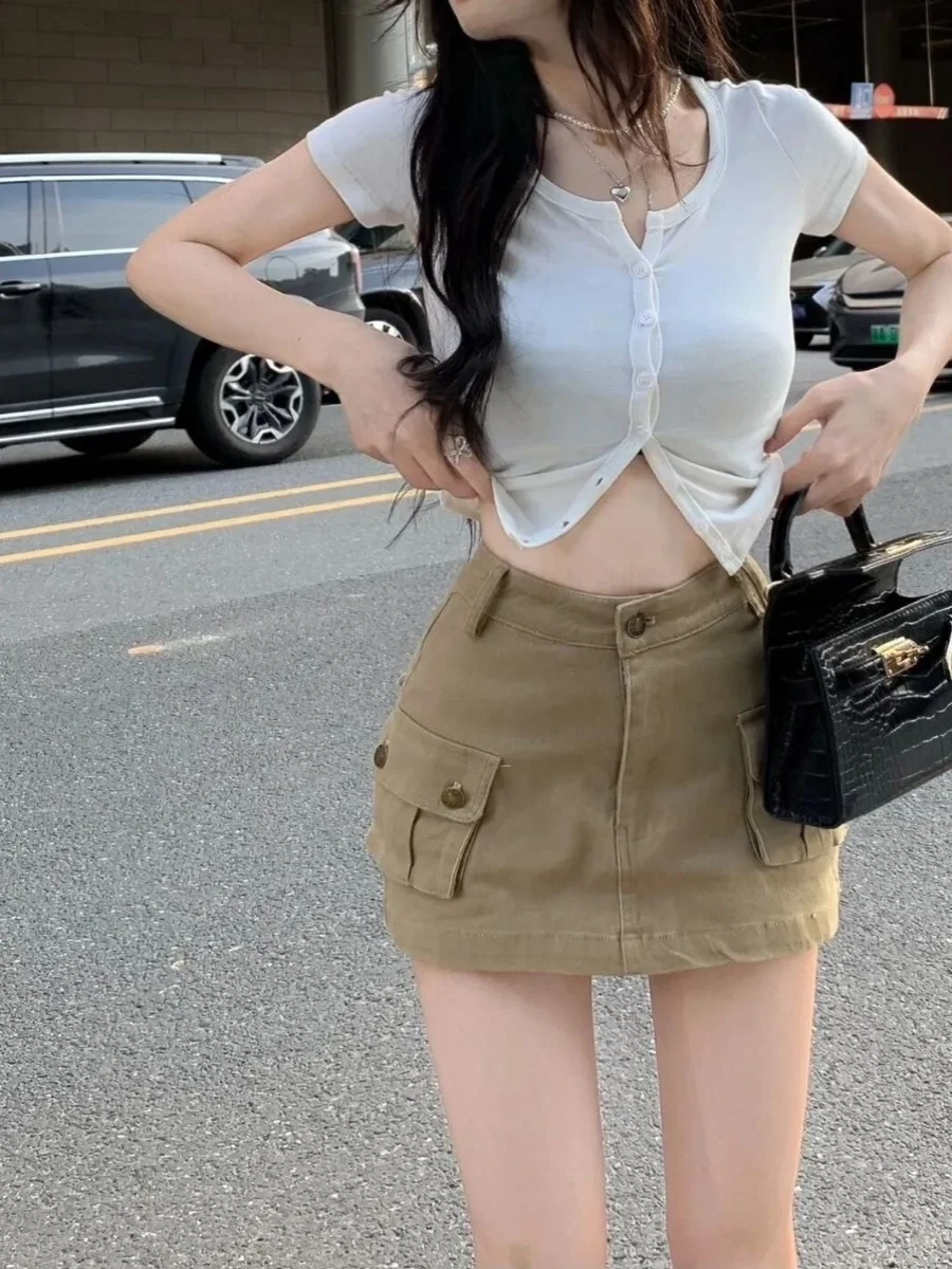 Khaki Workwear Skirt Women Summer Sexy Anti-Light Slimming Denim Half Skirt 2024 Personality High Waist Short Skirts