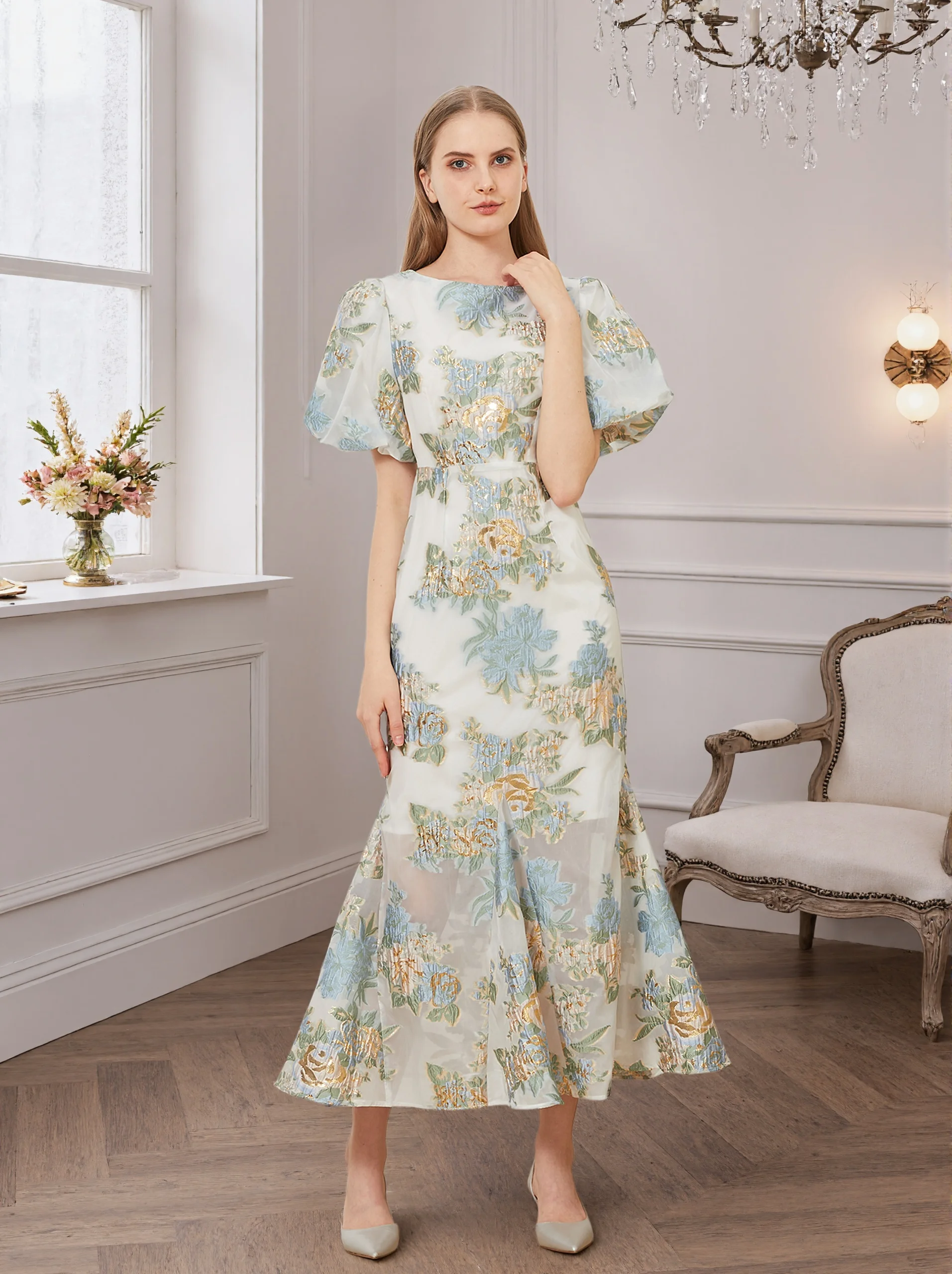 DEVCHATA elegante vestido largo de cola de pez de Organza Floral Maxi vestido de noche de sirena de lujo manga abombada vestido de fiesta ajustado