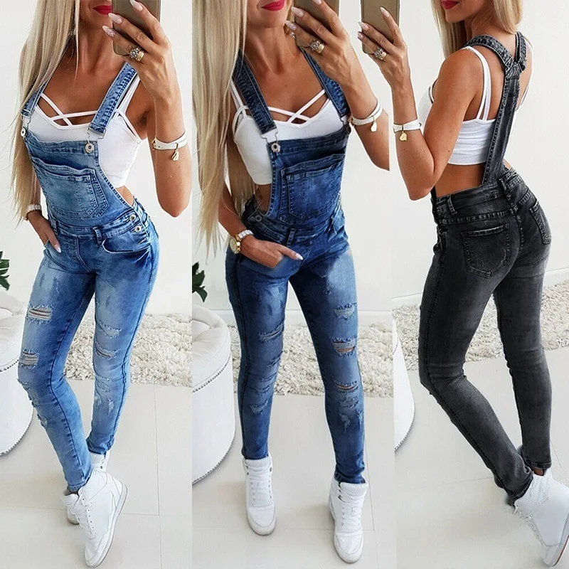 Europe and The United States Fashion Y Word Broadband Sexy Suspenders Pants Women Four Seasons New Washed Ripped Denim Jumpsuit