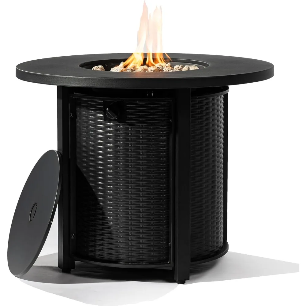 32 Inch Round Gas Fire Pit, 50,000 BTU Steel Outdoor Fire Table, Fire Table with Lid, Black.