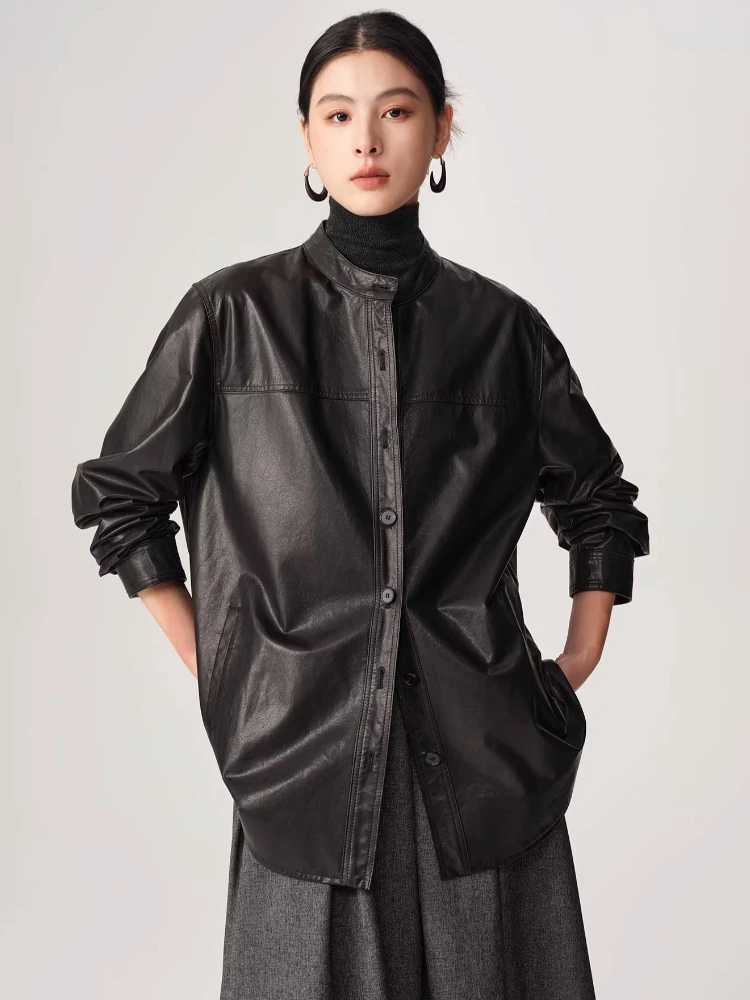 

Black Casual Genuine Leather Shirt Jacket for Women Spring Autumn 2026 New High-end Simple Stand Collar Soft Real Sheepskin Coat