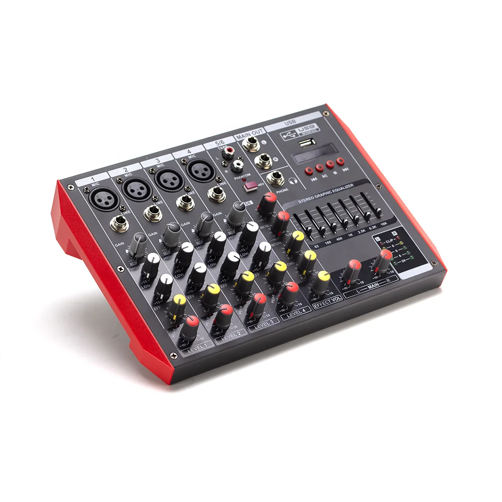 Mixer professionale Console di missaggio digitale Bt a 6 canali con effetto riverbero Mixer interfaccia live USB Karaoke
