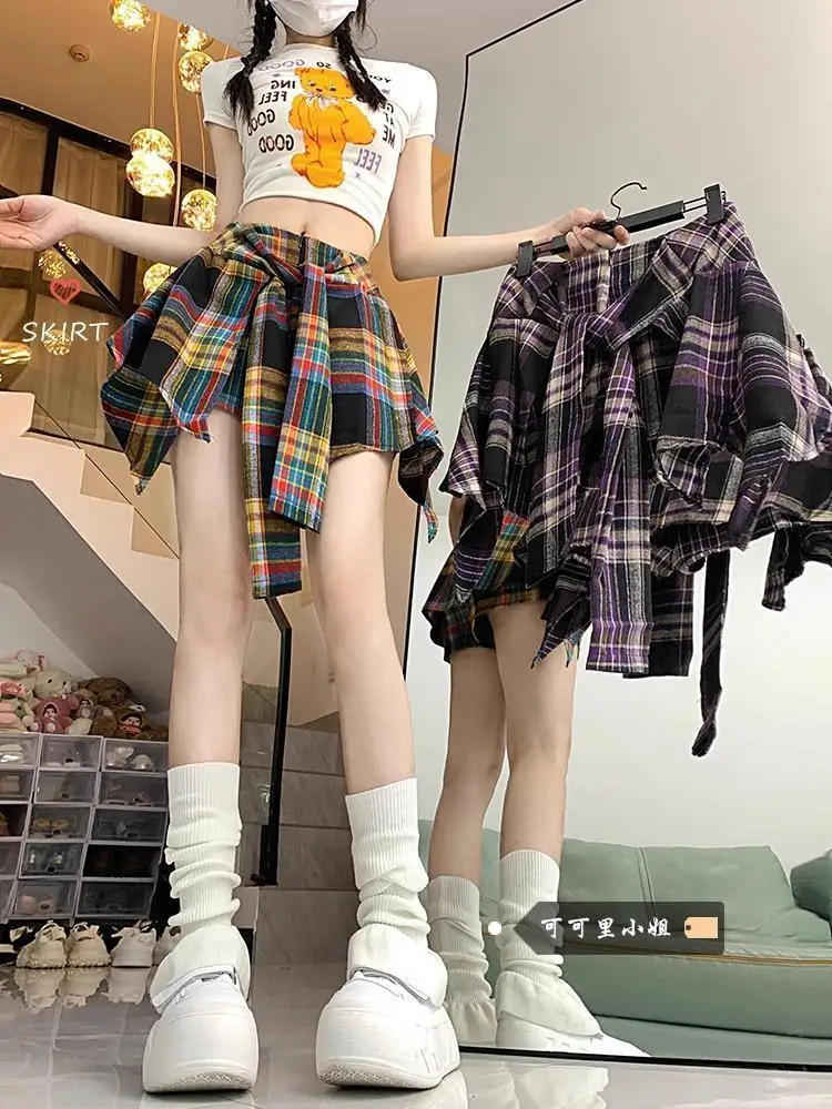 150Kg large size irregular contrasting color plaid niche Spice Girl A-word skirt