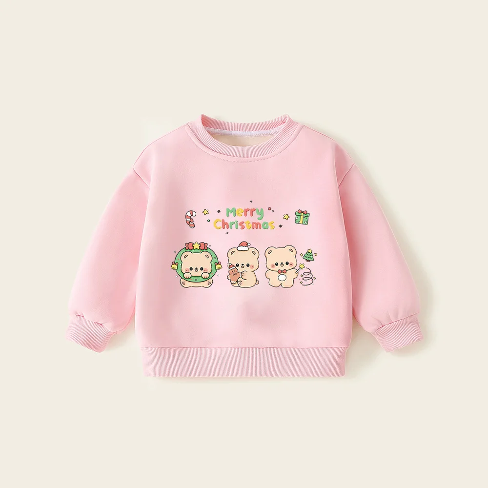 Round Collar Christmas Hoodie Long Sleeve Print Causal Pullover Fleece Top Pink Navy Blue Cartoon Costume for Kids