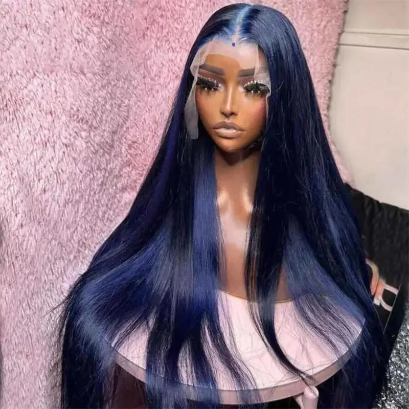 26Inch Long Blue Color Preplucked 180Density Glueless Silky Straight Lace Front Wig BabyHair Heat Temperature Daily Cosplay Wigs